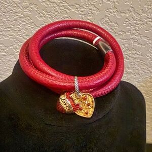 Brighton Triple Woodstock Red Leather Bracelet with Love Charm NWT